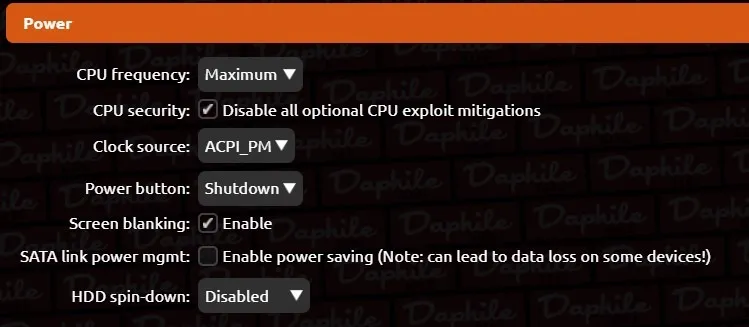 Power 设置面板选项