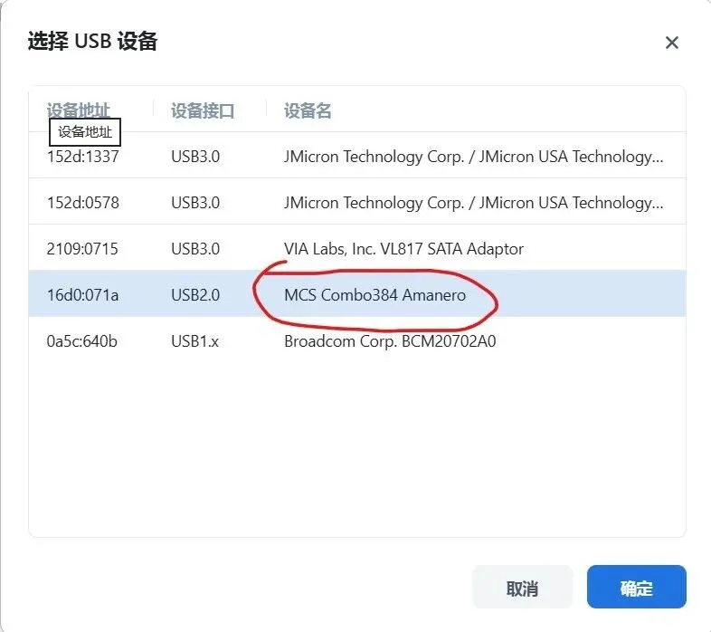 在飞牛 NAS 虚拟机中进行硬件直通，勾选 Amanero Combo384 解码器